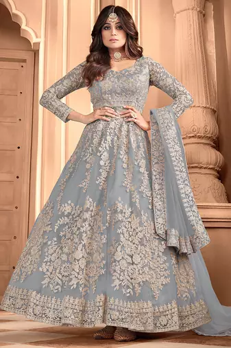 Grey embroidered net readymade anarkali wedding gown