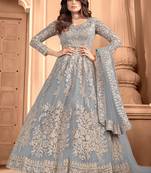 Grey embroidered net readymade anarkali wedding gown