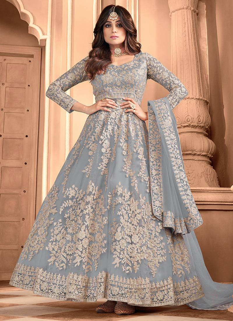 Grey embroidered net readymade anarkali wedding gown