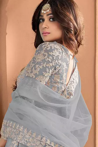 Grey embroidered net readymade anarkali wedding gown