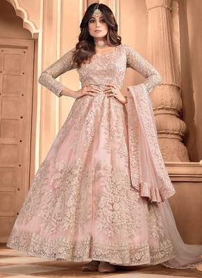 Baby pink embroidered net readymade anarkali wedding gown 1