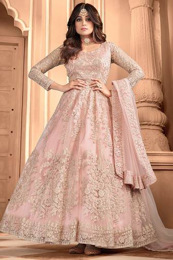 Baby pink embroidered net readymade anarkali wedding gown