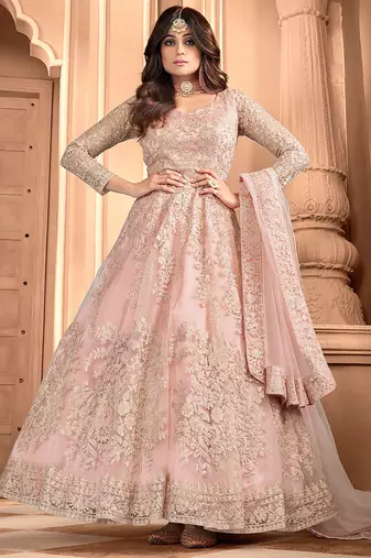 Baby pink embroidered net readymade anarkali wedding gown