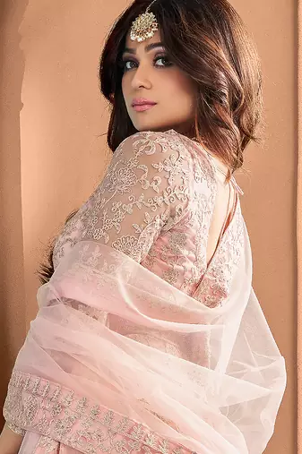 Baby pink embroidered net readymade anarkali wedding gown