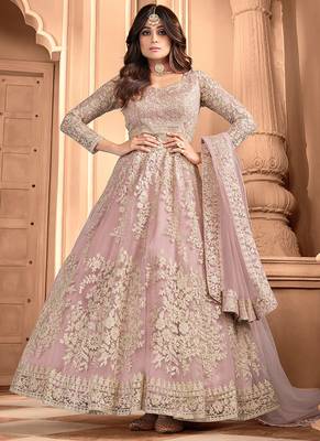 Light pink embroidered net readymade anarkali wedding gown 1