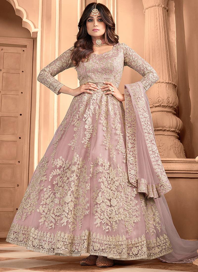 Light pink embroidered net readymade anarkali wedding gown