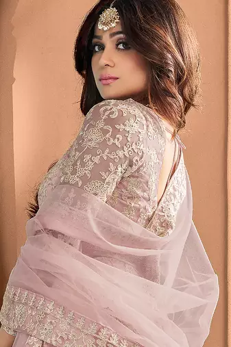 Light pink embroidered net readymade anarkali wedding gown