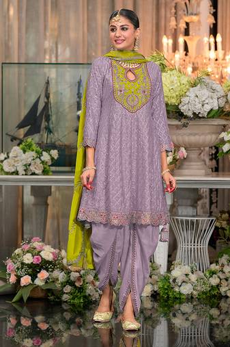 Chinon fabric light purple color readymade dhoti kurta suit