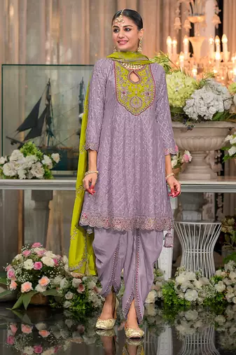 Chinon fabric light purple color readymade dhoti kurta suit