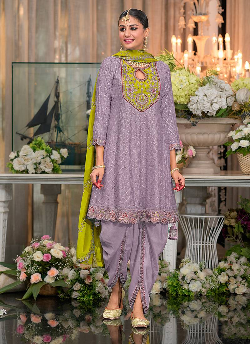 Chinon fabric light purple color readymade dhoti kurta suit