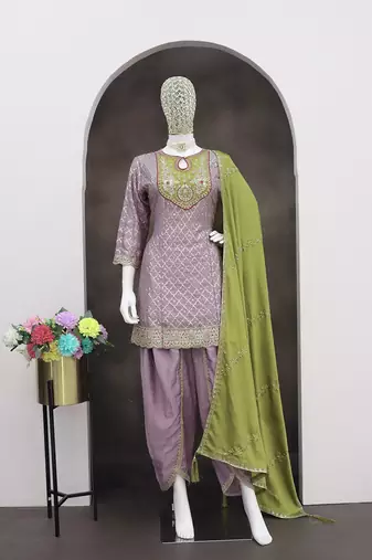 Chinon fabric light purple color readymade dhoti kurta suit
