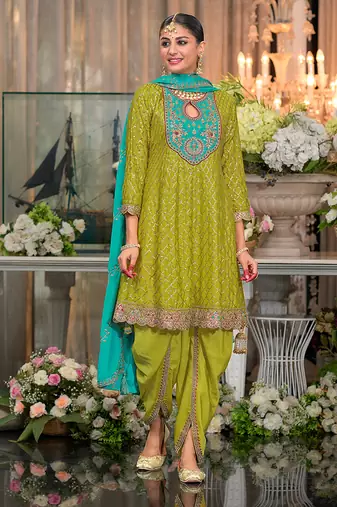 Chinon fabric green color readymade dhoti kurta suit