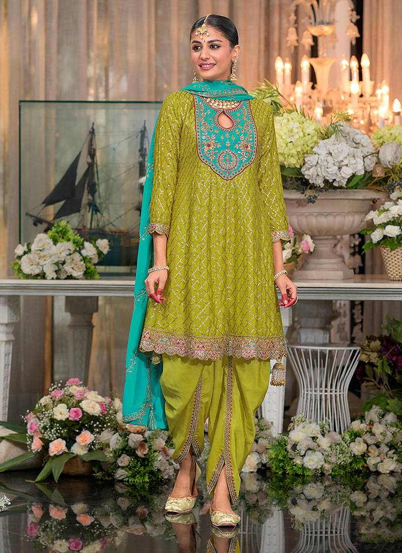 Chinon fabric green color readymade dhoti kurta suit