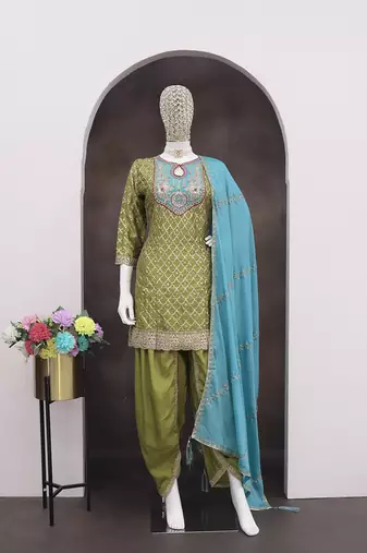 Chinon fabric green color readymade dhoti kurta suit