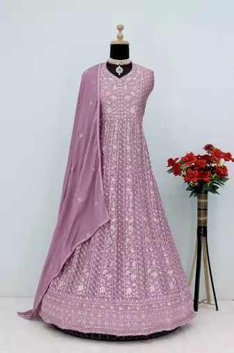 Embroidered chinon onion pink readymade salwar kameez