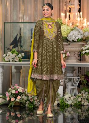 Chinon fabric dark olive color readymade dhoti kurta suit 1