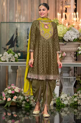 Chinon fabric dark olive color readymade dhoti kurta suit