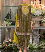 Chinon fabric dark olive color readymade dhoti kurta suit