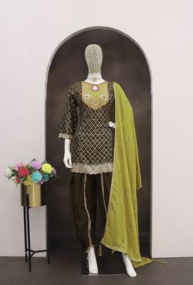 Chinon fabric dark olive color readymade dhoti kurta suit 2