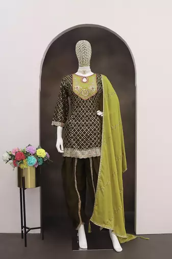 Chinon fabric dark olive color readymade dhoti kurta suit