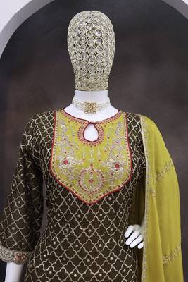 Chinon fabric dark olive color readymade dhoti kurta suit 3