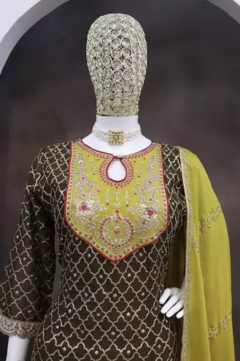 Chinon fabric dark olive color readymade dhoti kurta suit