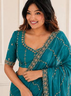 glamorous teal blue embroidery work with real bits work fendy satin indian designer saree 2