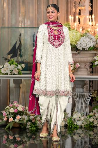 Chinon fabric white color readymade dhoti kurta suit