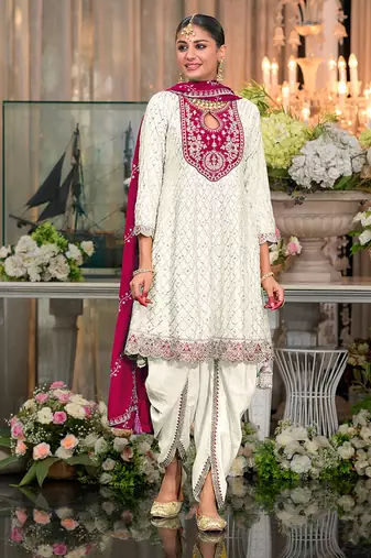 Chinon fabric white color readymade dhoti kurta suit