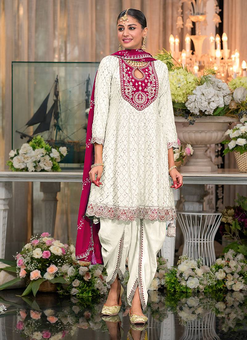 Chinon fabric white color readymade dhoti kurta suit