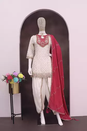 Chinon fabric white color readymade dhoti kurta suit
