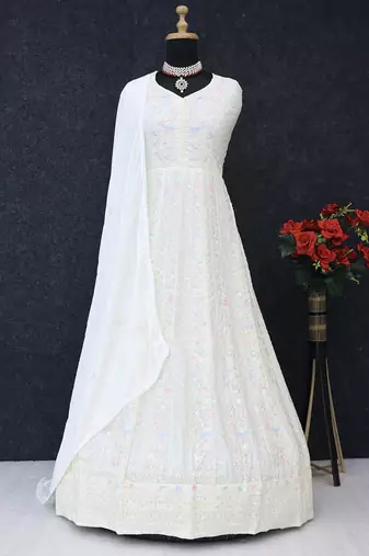Embroidered chinon white readymade salwar kameez