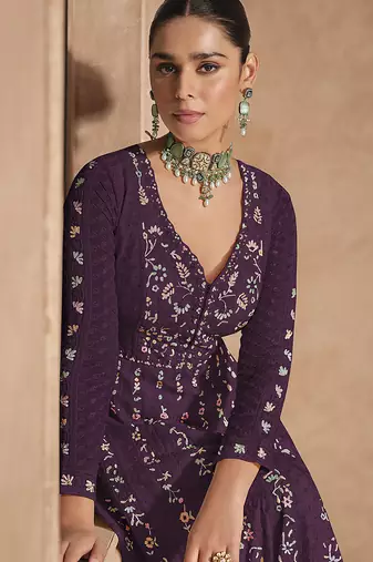 Embroidered chinon wine readymade salwar kameez