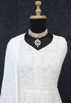 Embroidered chinon white readymade salwar kameez 4