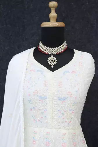 Embroidered chinon white readymade salwar kameez