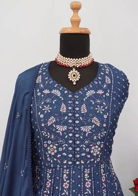 Embroidered chinon navy blue readymade salwar kameez 2