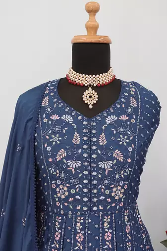 Embroidered chinon navy blue readymade salwar kameez