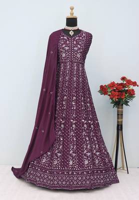 Embroidered chinon wine readymade salwar kameez 3
