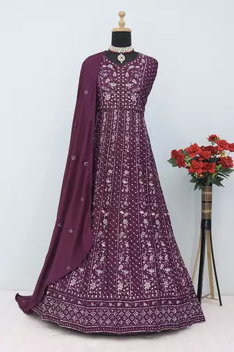 Embroidered chinon wine readymade salwar kameez