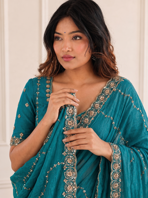 glamorous teal blue embroidery work with real bits work fendy satin indian designer saree 3
