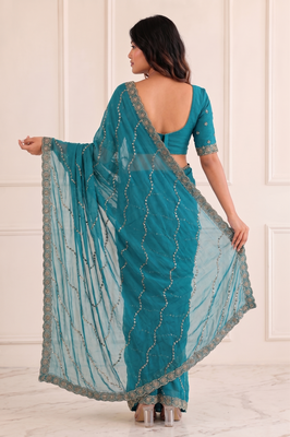 glamorous teal blue embroidery work with real bits work fendy satin indian designer saree 4