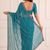 glamorous teal blue embroidery work with real bits work fendy satin indian designer saree
