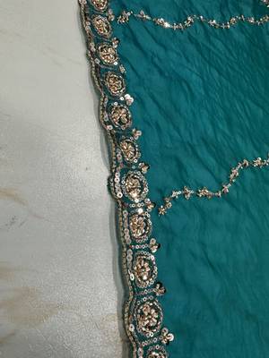 glamorous teal blue embroidery work with real bits work fendy satin indian designer saree 5