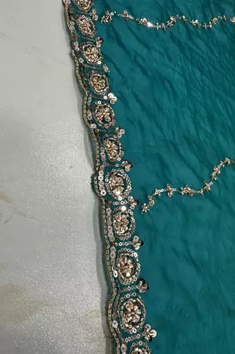glamorous teal blue embroidery work with real bits work fendy satin indian designer saree