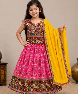 Pink printed cotton traditional kids lehenga choli with blouse 1