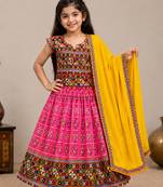 Pink printed cotton traditional kids lehenga choli with blouse