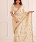 graceful white embroidery work with real bits work fendy satin indian designer wedding saree