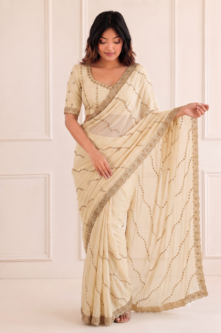 graceful white embroidery work with real bits work fendy satin indian designer wedding saree