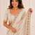 graceful white embroidery work with real bits work fendy satin indian designer wedding saree