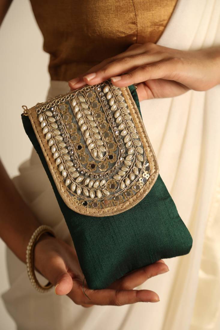 Green satin sling bag